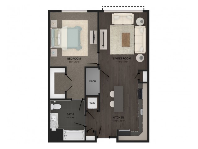 Floor plan layout diagram for 1 Bed/1 Bath-A5
