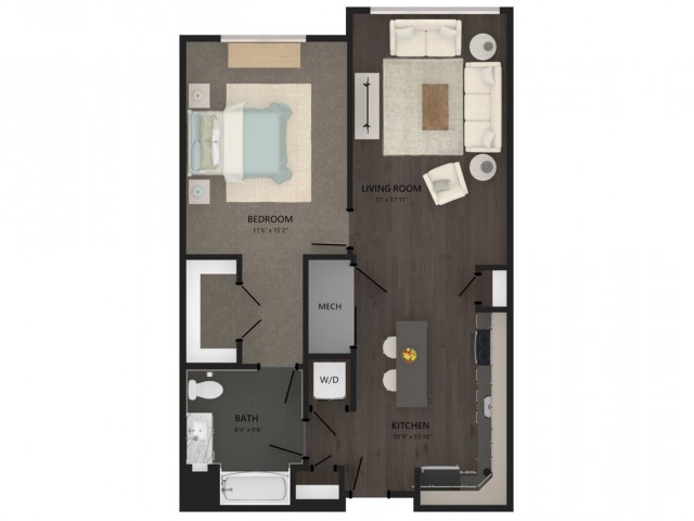 Floor plan layout diagram for 1 Bed/1 Bath-A4