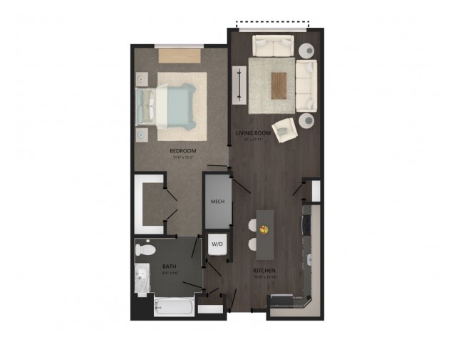 Floor plan layout diagram for 1 Bed/1 Bath-A6