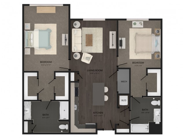 Floor plan layout diagram for 2 Bed/2 Bath-B13