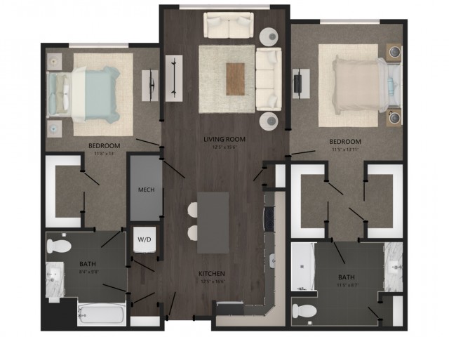 Floor plan layout diagram for 2 Bed/2 Bath-B16