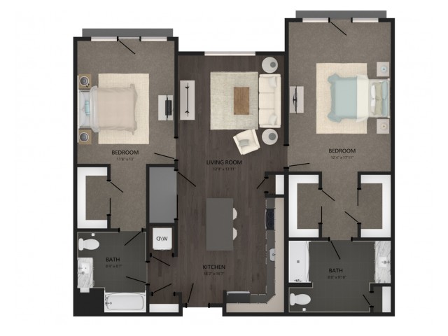 Floor plan layout diagram for 2 Bed/2 Bath-B19