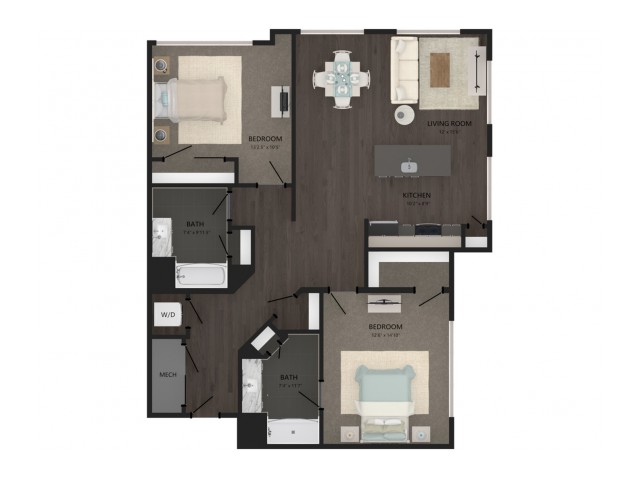 Floor plan layout diagram for 2 Bed/2 Bath-B7