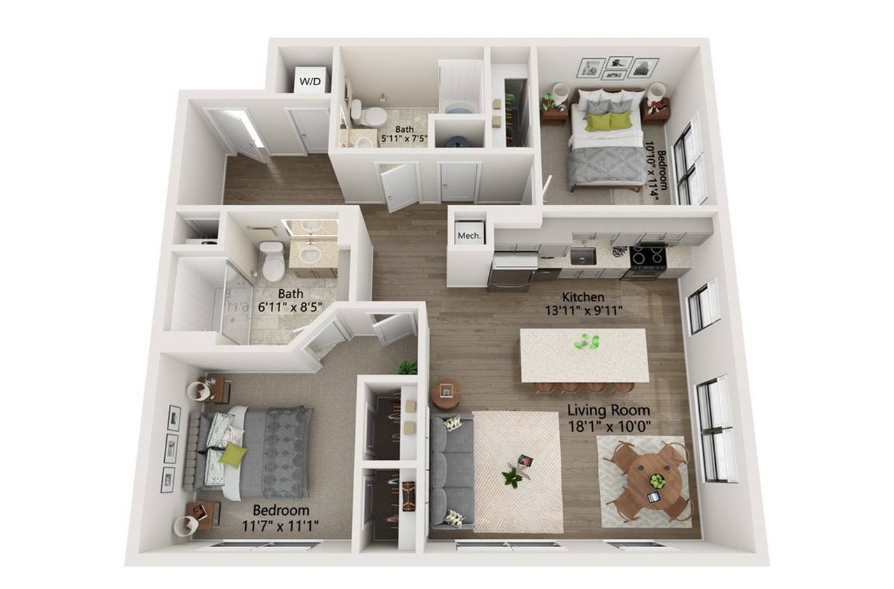 Floor plan layout diagram for 2 Bed/2 Bath-B20