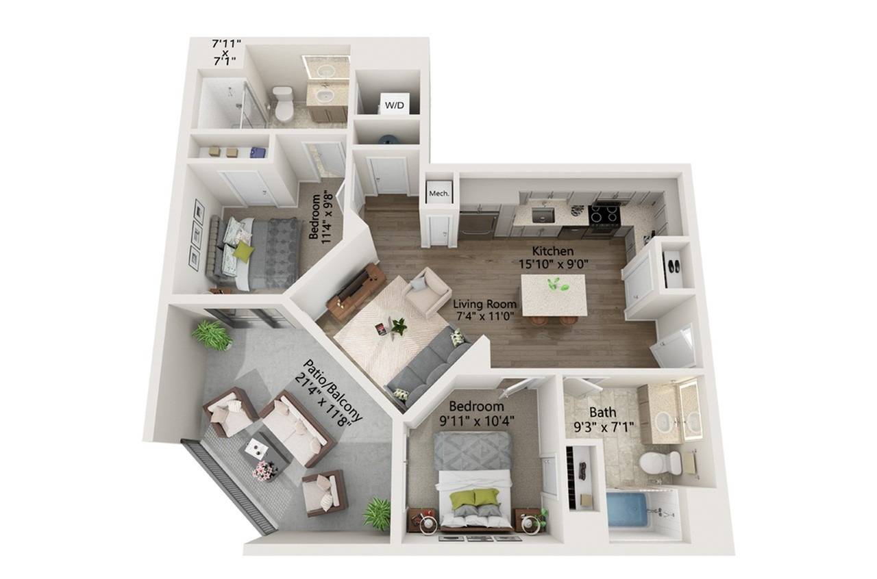 Floor plan layout diagram for 2 Bed/2 Bath-B1