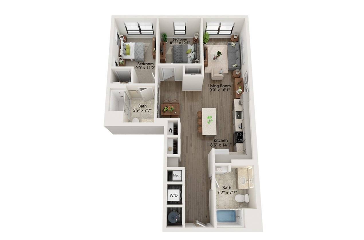 Floor plan layout diagram for 2 Bed/2 Bath-B3
