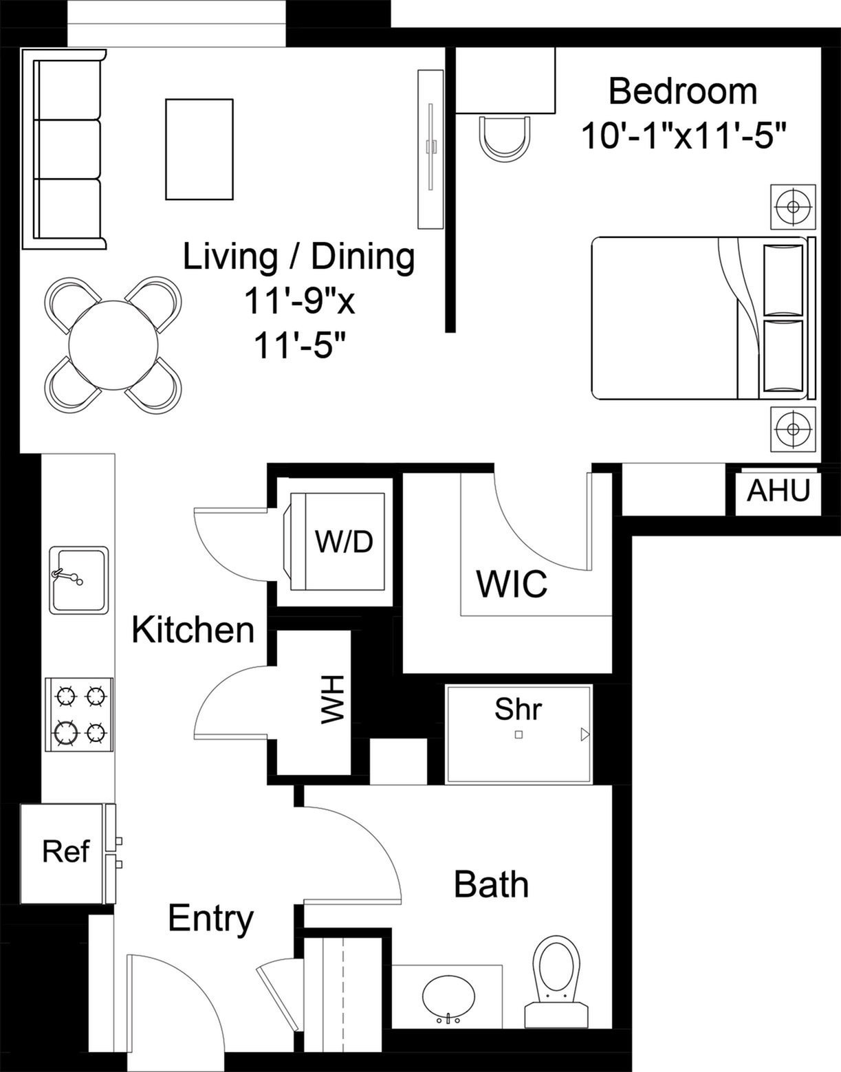 Floor plan layout diagram for 1 Bed/1 Bath Jr-S7