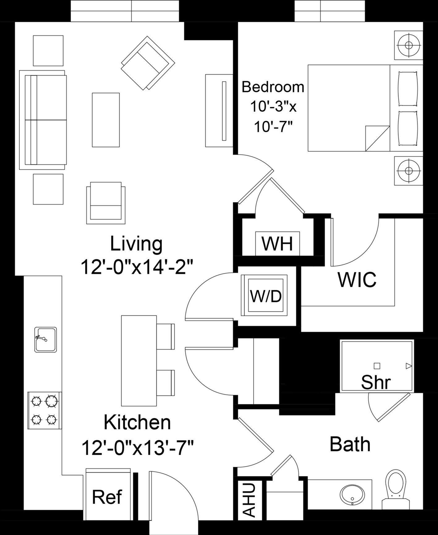 Floor plan layout diagram for 1 Bed/1 Bath-A23