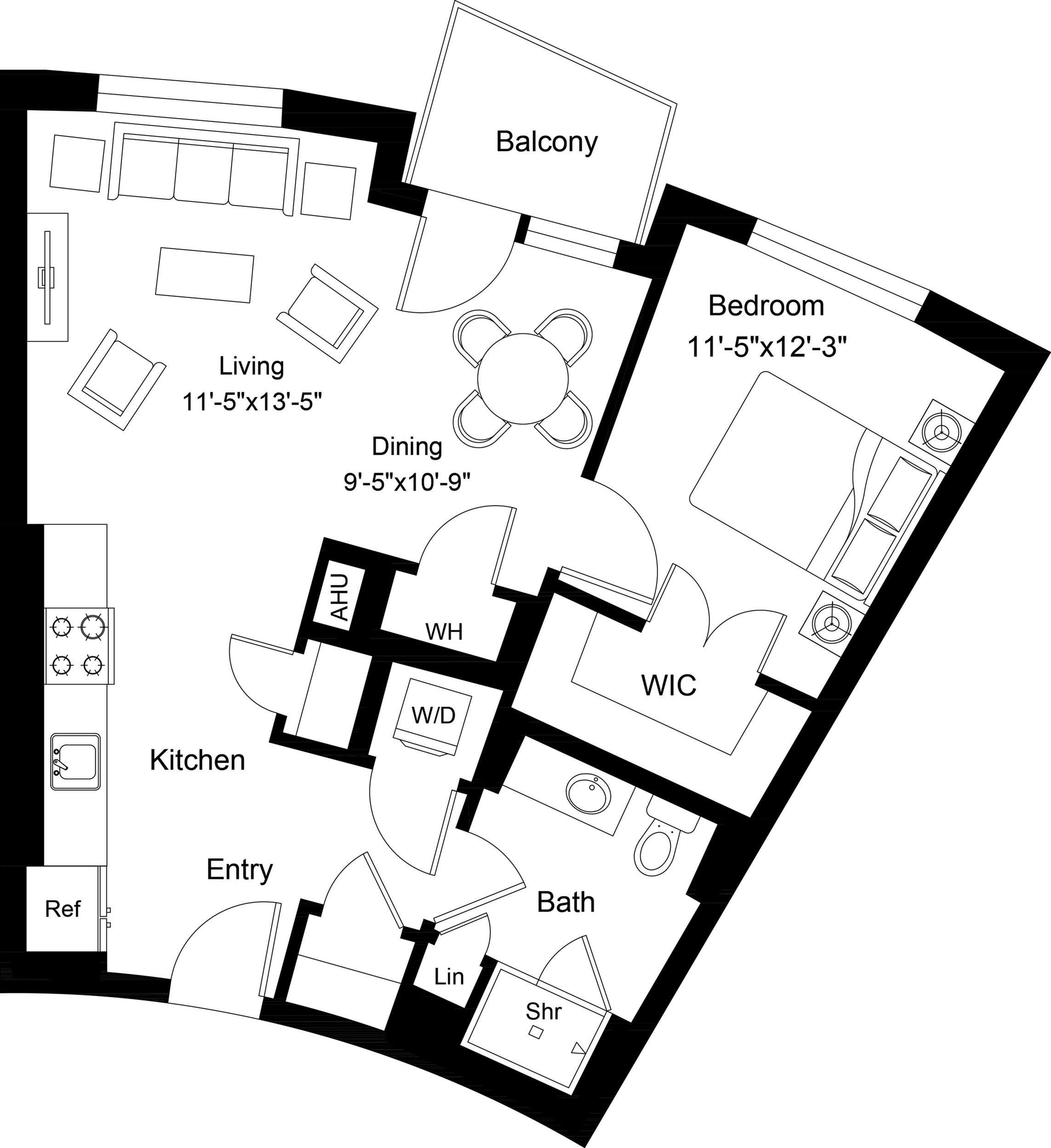 Floor plan layout diagram for 1 Bed/1 Bath-A7