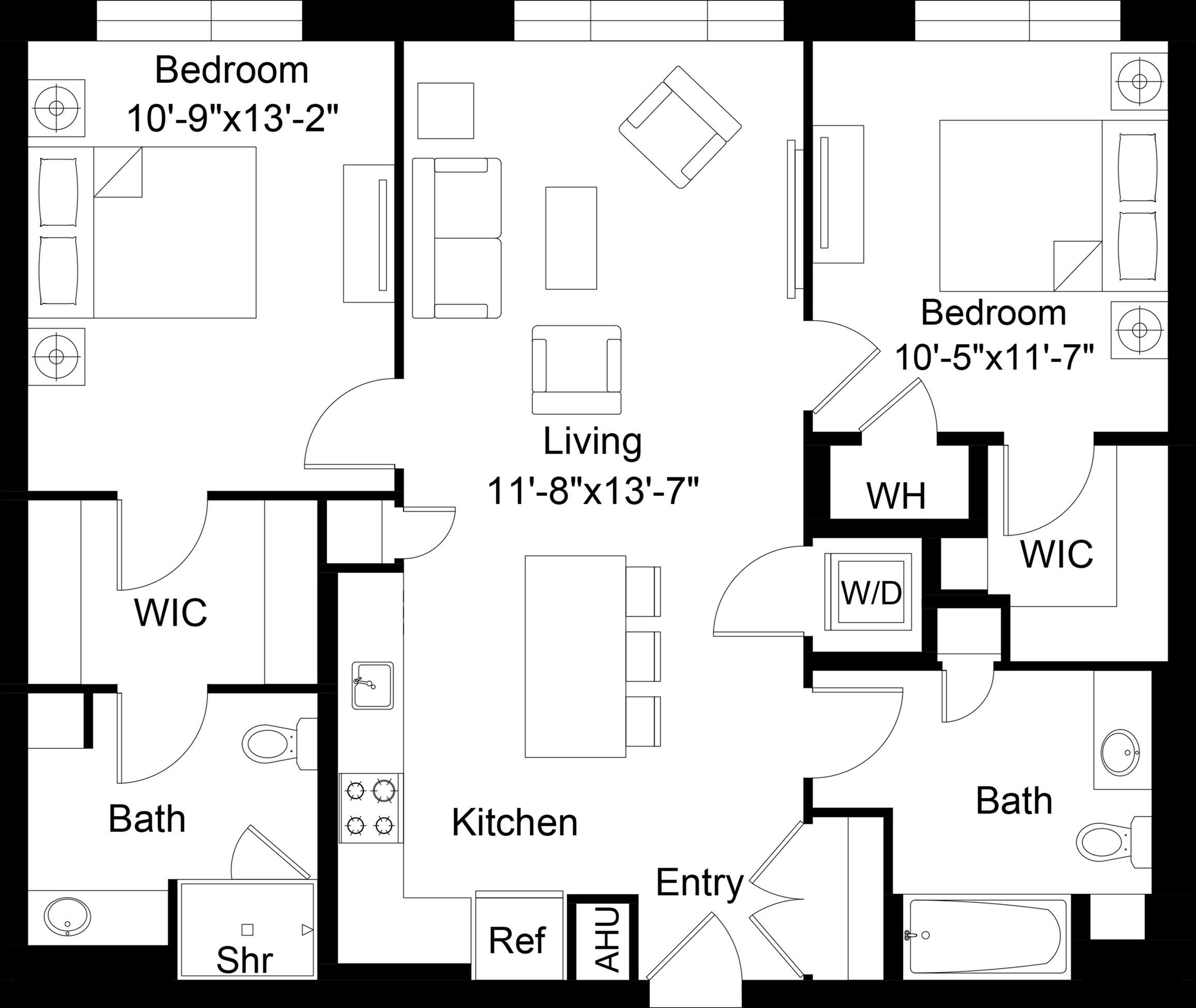 Floor plan layout diagram for 2 Bed/2 Bath-B1