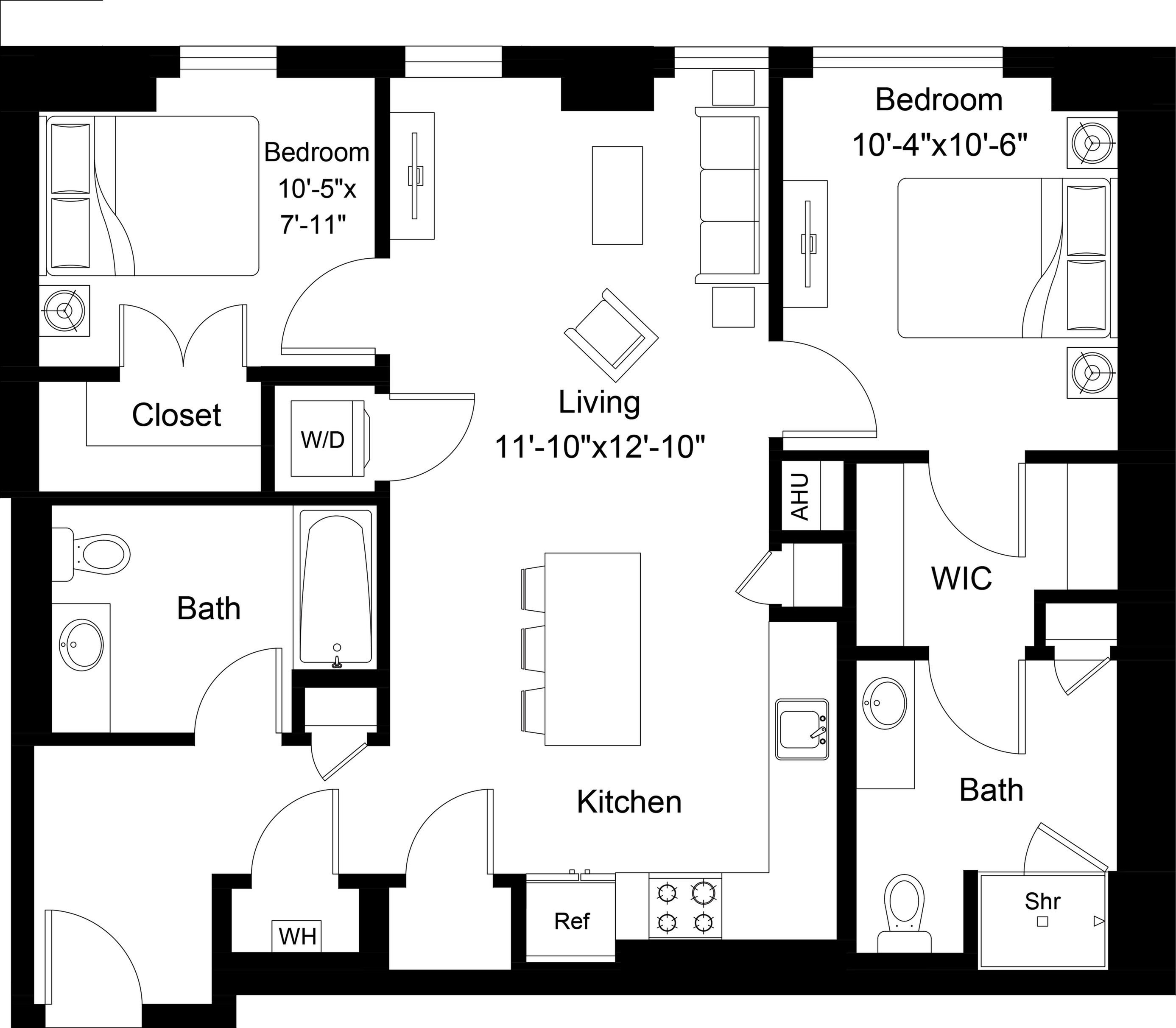 Floor plan layout diagram for 2 Bed/2 Bath-B7