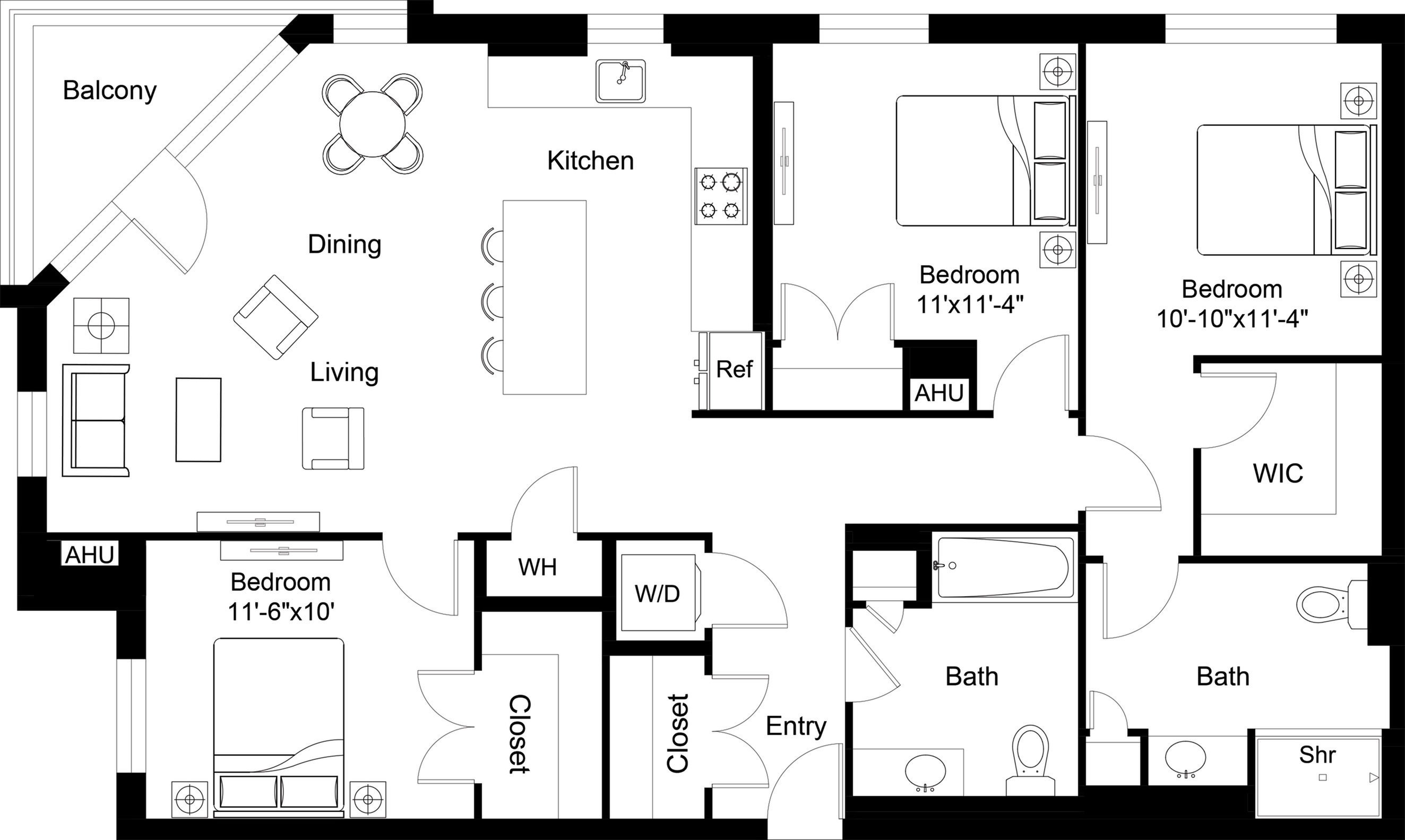 Floor plan layout diagram for 3 Bed/2 Bath-C1