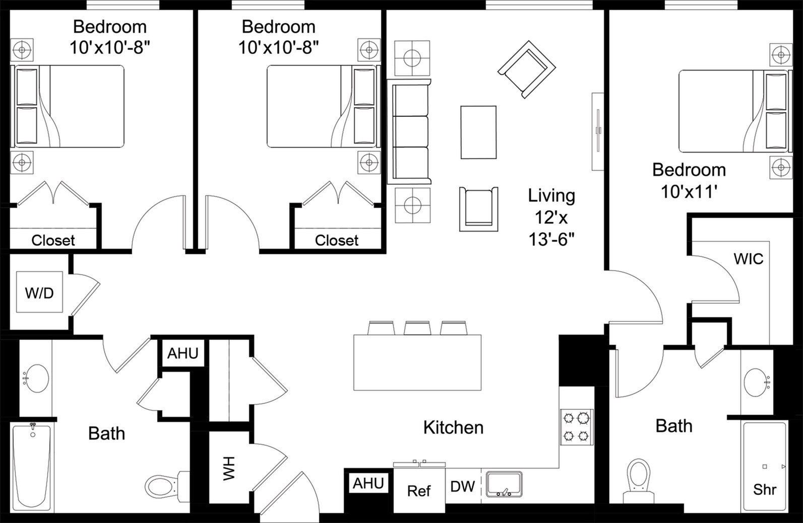 Floor plan layout diagram for 3 Bed/2 Bath-C3