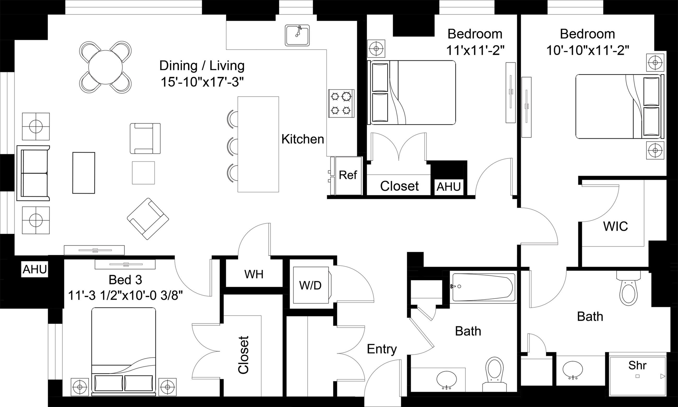 Floor plan layout diagram for 3 Bed/2 Bath-C6