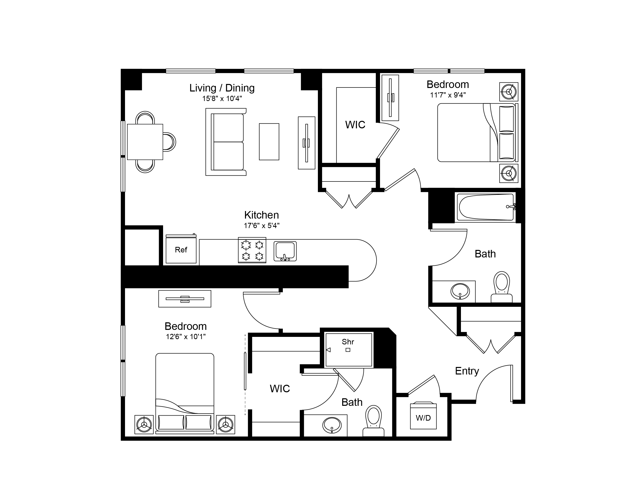 Floor plan layout diagram for 2 Bed/2 Bath-B2