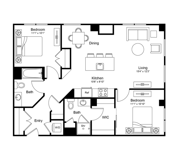 Floor plan layout diagram for 2 Bed/2 Bath-B5