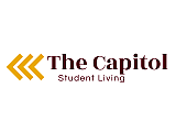 The Capitol Student Living logo, featuring maroon text with gold accent arrows, symbolizing modern and stylish accommodation.