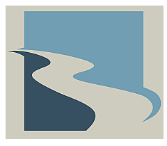 Elegant abstract logo featuring a stylized river flowing through geometric shapes in soothing blue and gray tones.