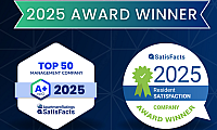 2025 Award Winner badge showcasing Top 50 Management Company recognition and Resident Satisfaction accolade from ApartmentRatings and SatisFacts.