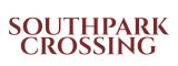 Elegant logo displaying 'Southpark Crossing' in bold burgundy letters against a black background.