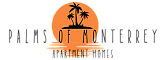 Elegant logo of Palms of Monterrey Apartments featuring tropical palm trees against a vibrant sunset backdrop.
