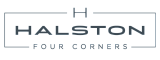 Halston Four Corners logo in sleek, modern font featuring stylish horizontal lines.