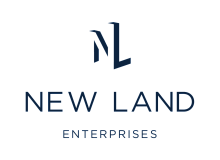 Elegant New Land Enterprises logo featuring a modern and sleek design with navy blue typography.