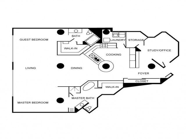 Loft style floorplan featuring two bedrooms and two bathrooms.