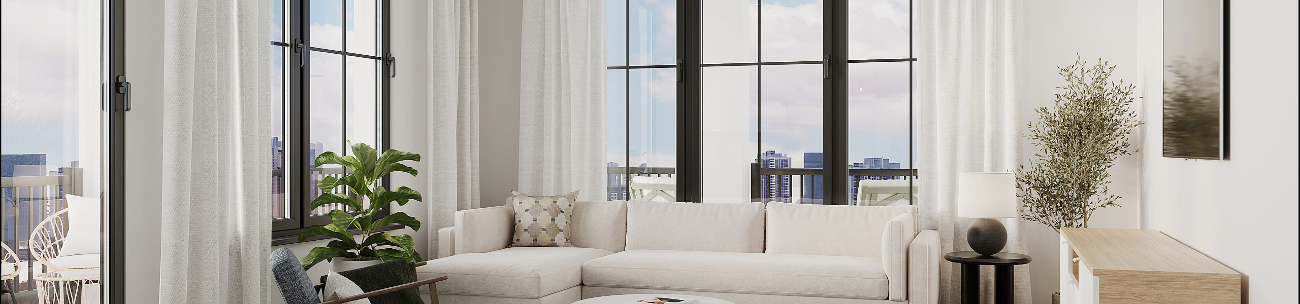 Bright, modern living room with large windows, a stylish beige sectional sofa, and chic decor offering a stunning city view.