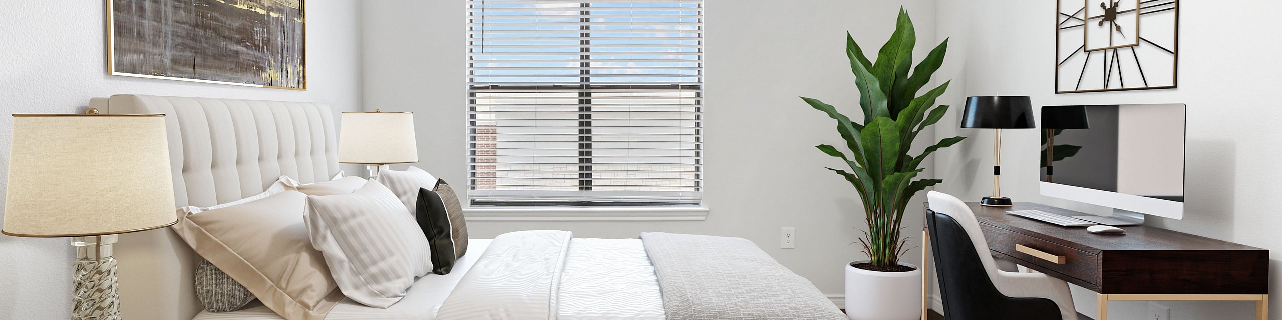 Modern bedroom with elegant decor, featuring a plush bed, stylish desk, and vibrant plant, bathed in natural light from a large window.