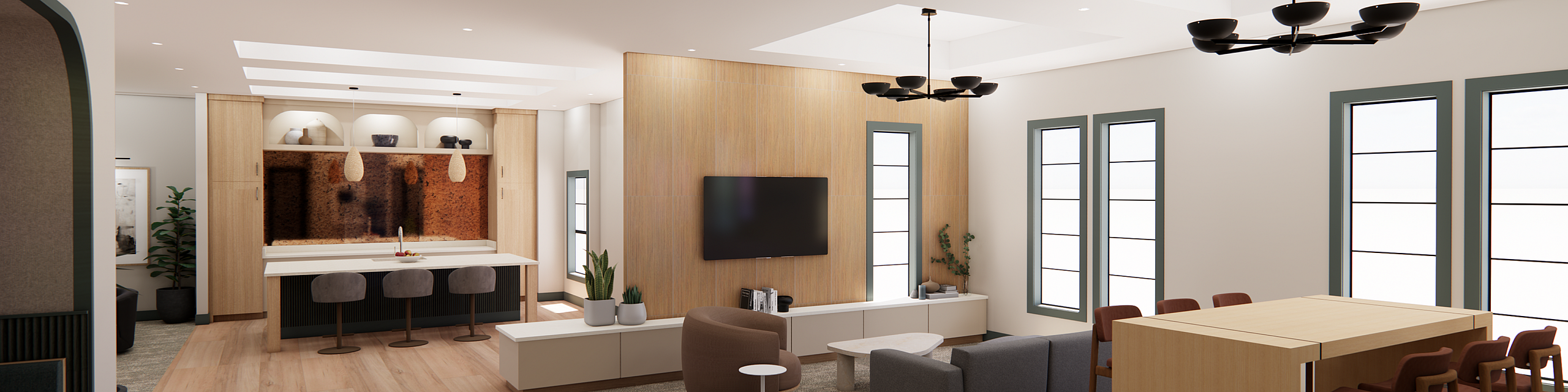 Luxurious open-concept living space with elegant kitchen, stylish dining area, and modern living room, featuring sleek lighting and large windows.