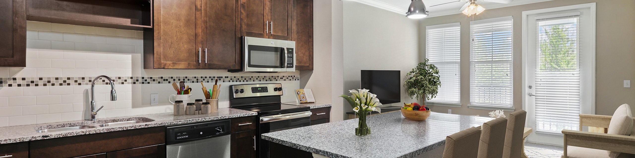 Contemporary open-plan kitchen and living area featuring sleek granite countertops, modern stainless steel appliances, and elegant wooden cabinetry, enhanced by warm natural light and stylish decor.