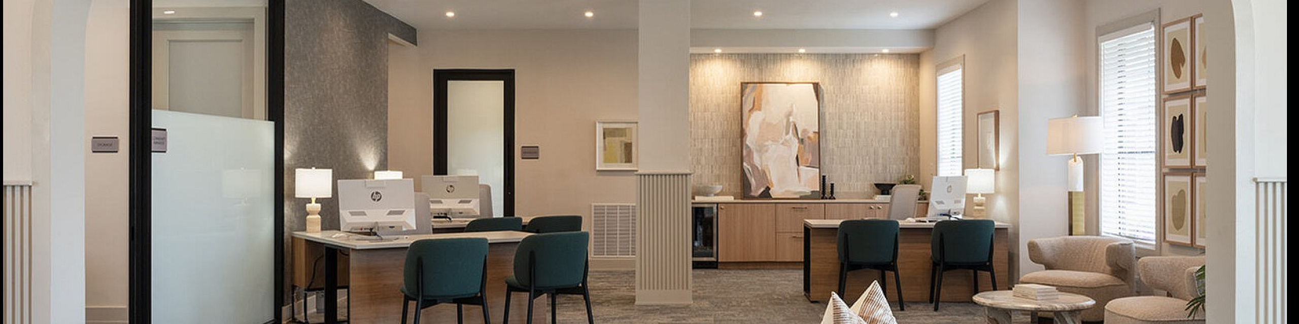 Luxurious open-concept living space with elegant kitchen, stylish dining area, and modern living room, featuring sleek lighting and large windows.
