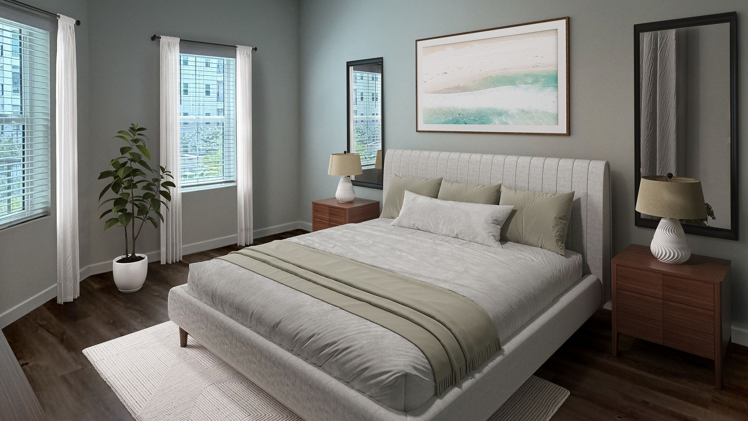 Elegant bedroom with modern decor featuring a plush bed, stylish side tables, large windows for natural light, and chic plants enhancing the soothing ambiance.