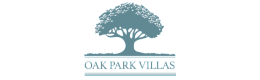 Elegant logo of Oak Park Villas featuring a majestic oak tree silhouette in serene blue.