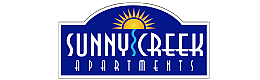 Sunny Creek Apartments logo with a vibrant sun and stream imagery, set against a bold blue background.