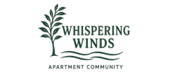 Whispering Winds Apartment Community logo with a serene tree and flowing wind design.