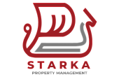 Sleek red and gray logo design for Starka Property Management, featuring a modern abstract sailboat on a black background.