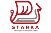 Bold and modern logo for Starka Property Management featuring a stylized red ship sail design.