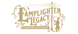 Artistic logo for Lamplighter Legacy Apartments featuring elegant vintage design with lamppost details.