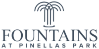 Elegant logo for Fountains at Pinellas Park featuring a stylized water fountain design.