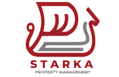 Starka Property Management logo featuring a bold, modern design with abstract elements in red and gray.
