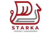Modern red and gray logo of Starka Property Management, featuring a unique, artistic design element.