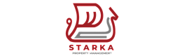 Bold and modern logo of Starka Property Management featuring a stylized red and grey ship design.