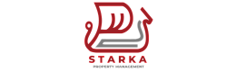 Dynamic Starka Property Management logo in bold red and gray, symbolizing modern solutions and reliable service.