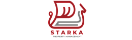 Bold and stylish logo featuring a red and gray abstract design for Starka Property Management.