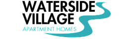 Elegant logo featuring a stylized turquoise river with 'Apartment Homes' text, conveying a sense of tranquility and modern living.