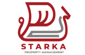 Innovative logo design for Starka Property Management, featuring a red and gray abstract emblem on a black background.