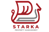 Elegant logo for Starka Property Management featuring a stylized red and gray geometric design.