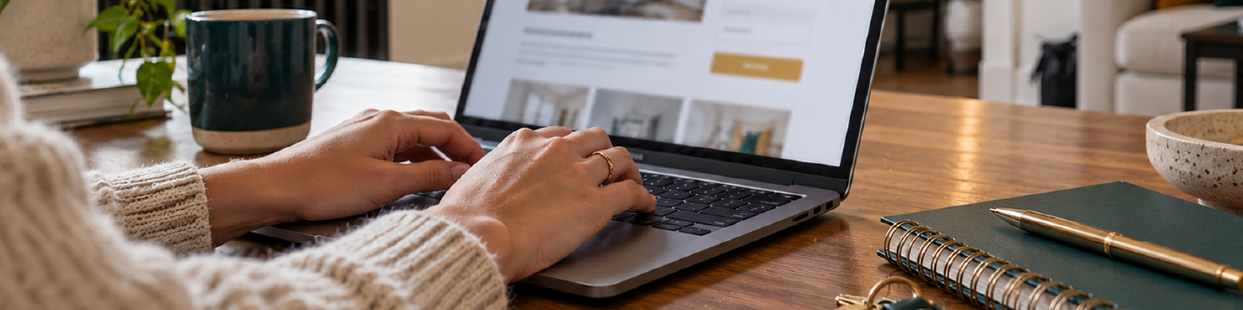 Cozy and inviting workspace in an elegant apartment, featuring a laptop, notebook, and stylish decor on a wooden table with natural light streaming through large windows.